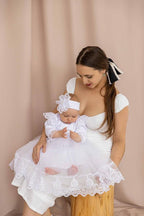 Baby Girl Christening Dress with Lace & Tulle – Baptism Outfit with Headband