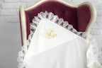 Personalized Linen Baptism Blanket (Kryzhma) 80×80 cm with Golden Angel Embroidery and Lace Trim