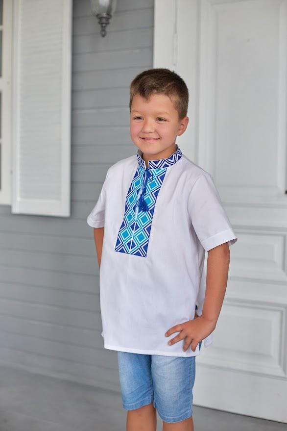 Boys Linen Ukrainian Embroidered Shirt • Blue Geometric Embroidery Vyshyvanka