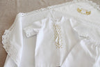 White Linen Baby Baptism Set with Gold Embroidery | Christening Outfit & Linen Blanket