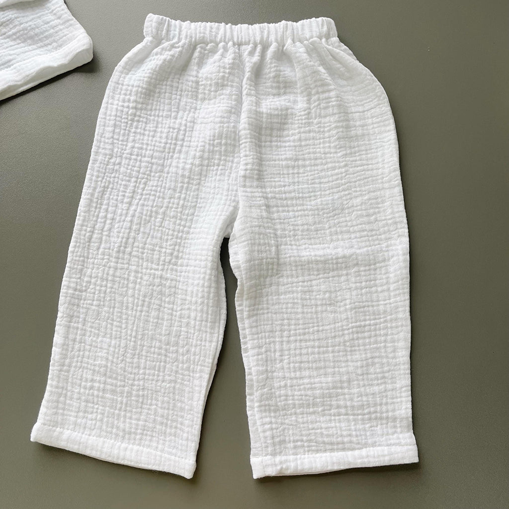 Baby Boy Baptism Outfit – White Muslin Christening Set with Shirt & Pants, White Embroidery