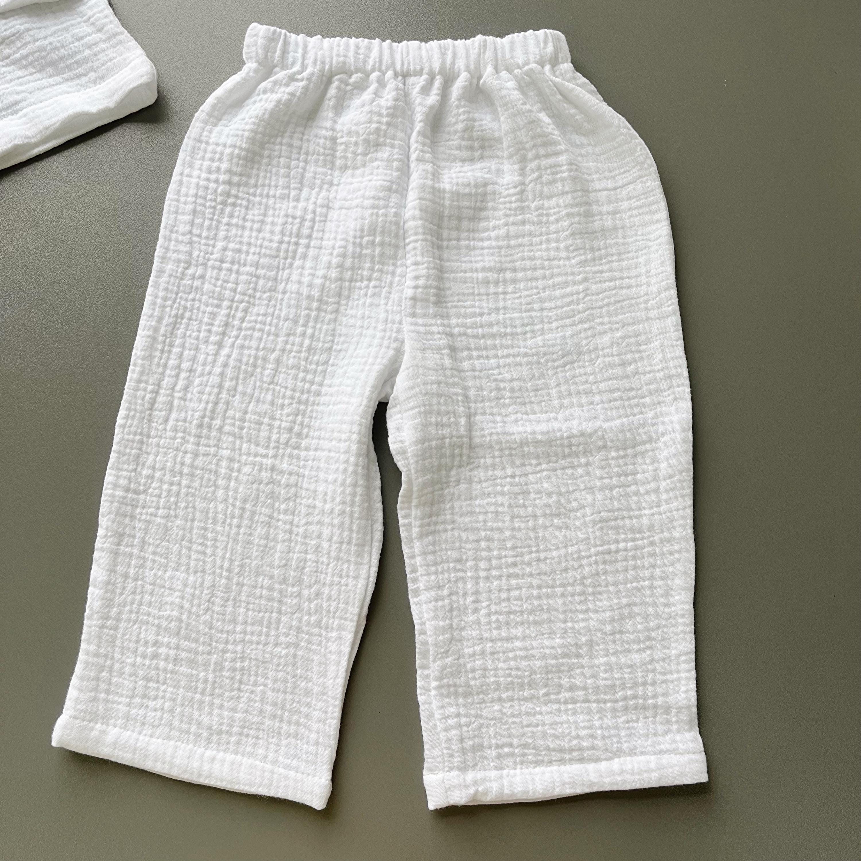 Baby Boy Baptism Outfit – White Muslin Christening Set with Shirt & Pants, White Embroidery