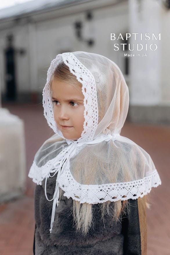 White Lace Baptism Scarf for Girls – Child Church Veil | Orthodox Head Covering