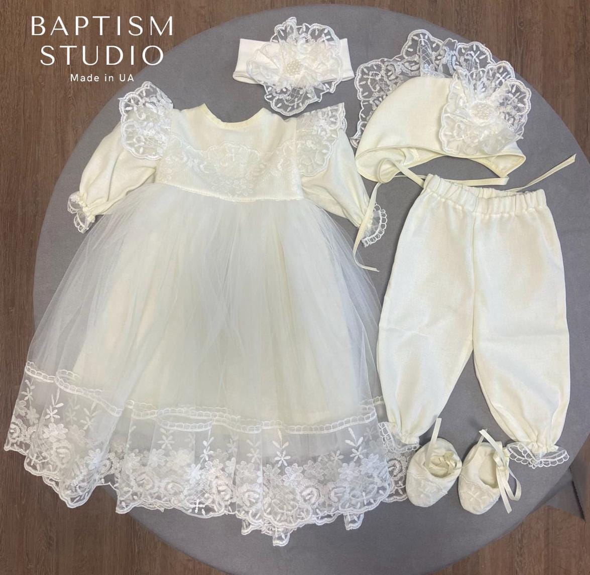 Linen Baptism Dress Set – Voluminous Lace Gown with Bonnet, Booties, Pants & Headband – Natural Christening Outfit