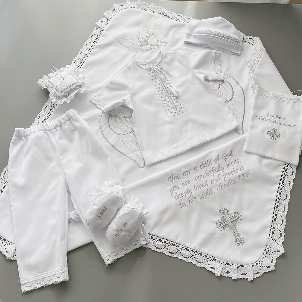 Personalized Linen Christening Set – Custom Embroidered Baptism Outfit & Blanket