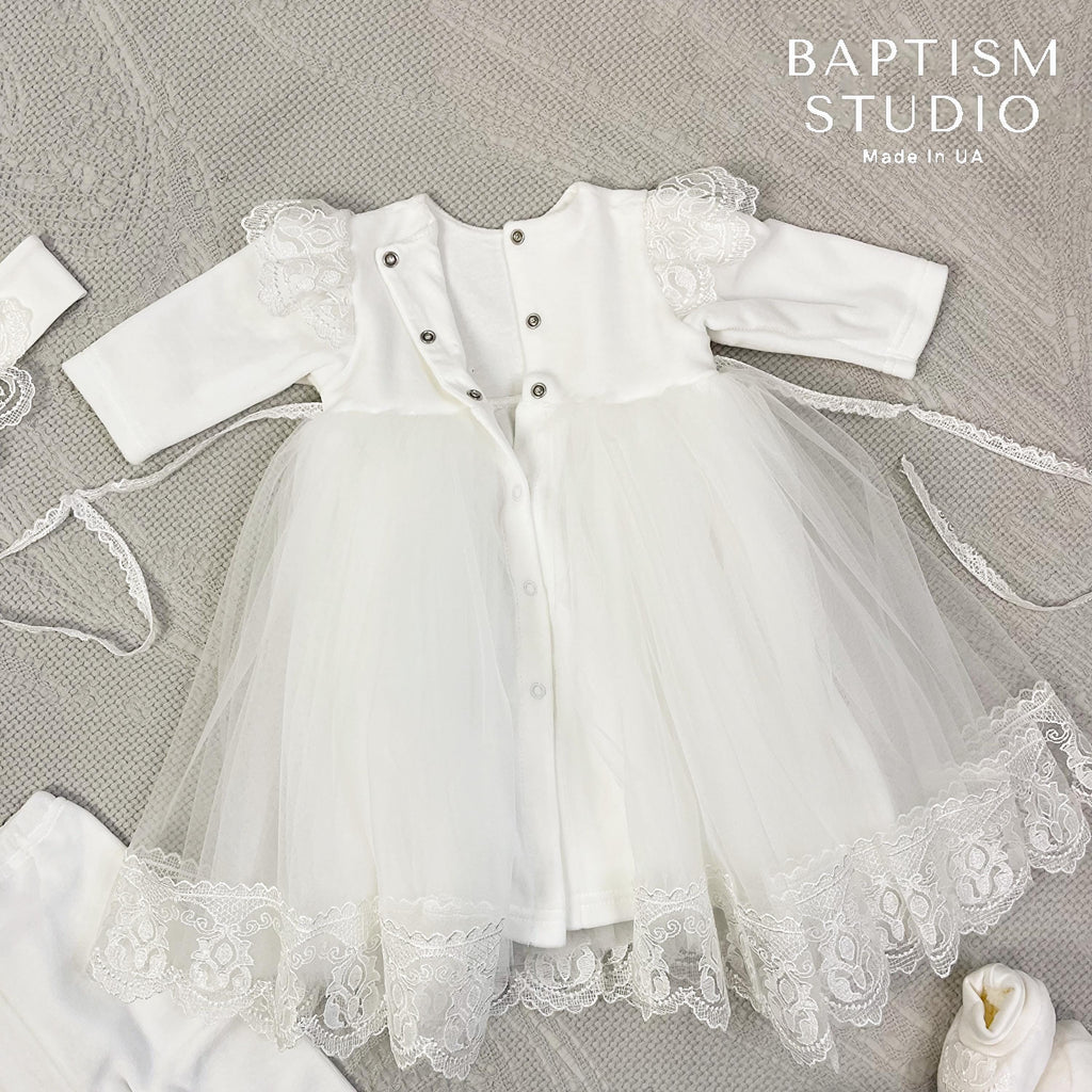 White Baby Baptism Dress Set with Lace | Velour Christening Outfit for Girl