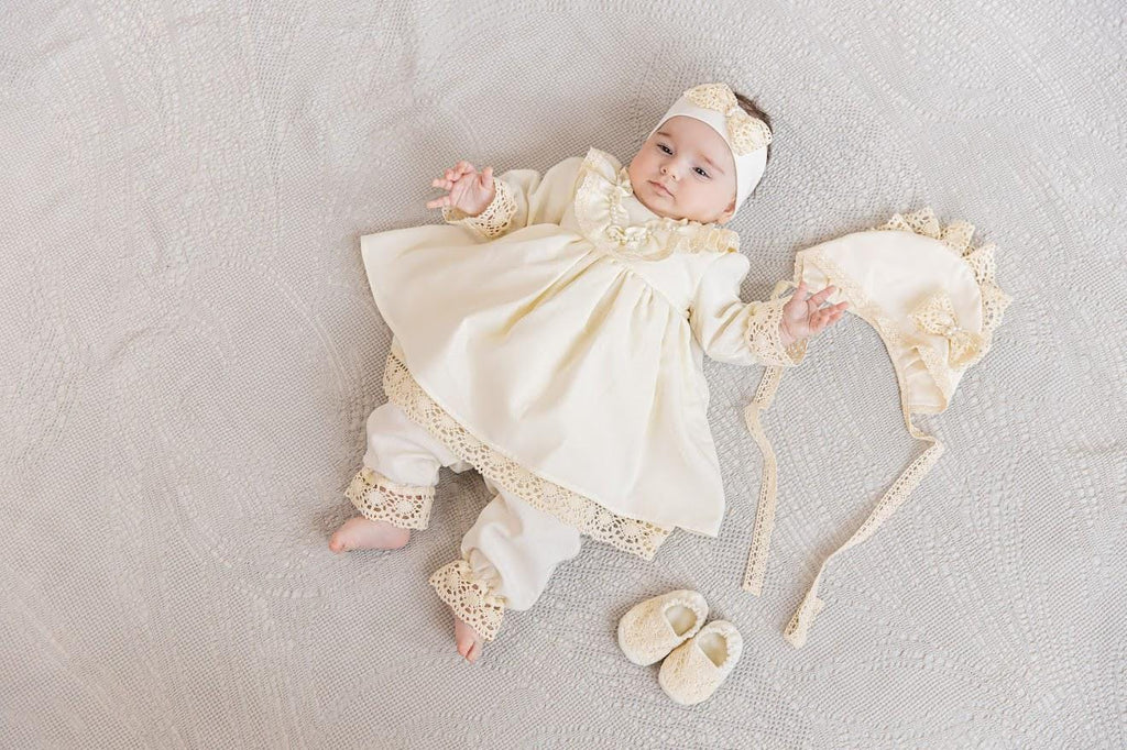 Linen Baby Baptism Outfit Set with Natural Lace – Dress, Bonnet, Headband, Pants & Booties