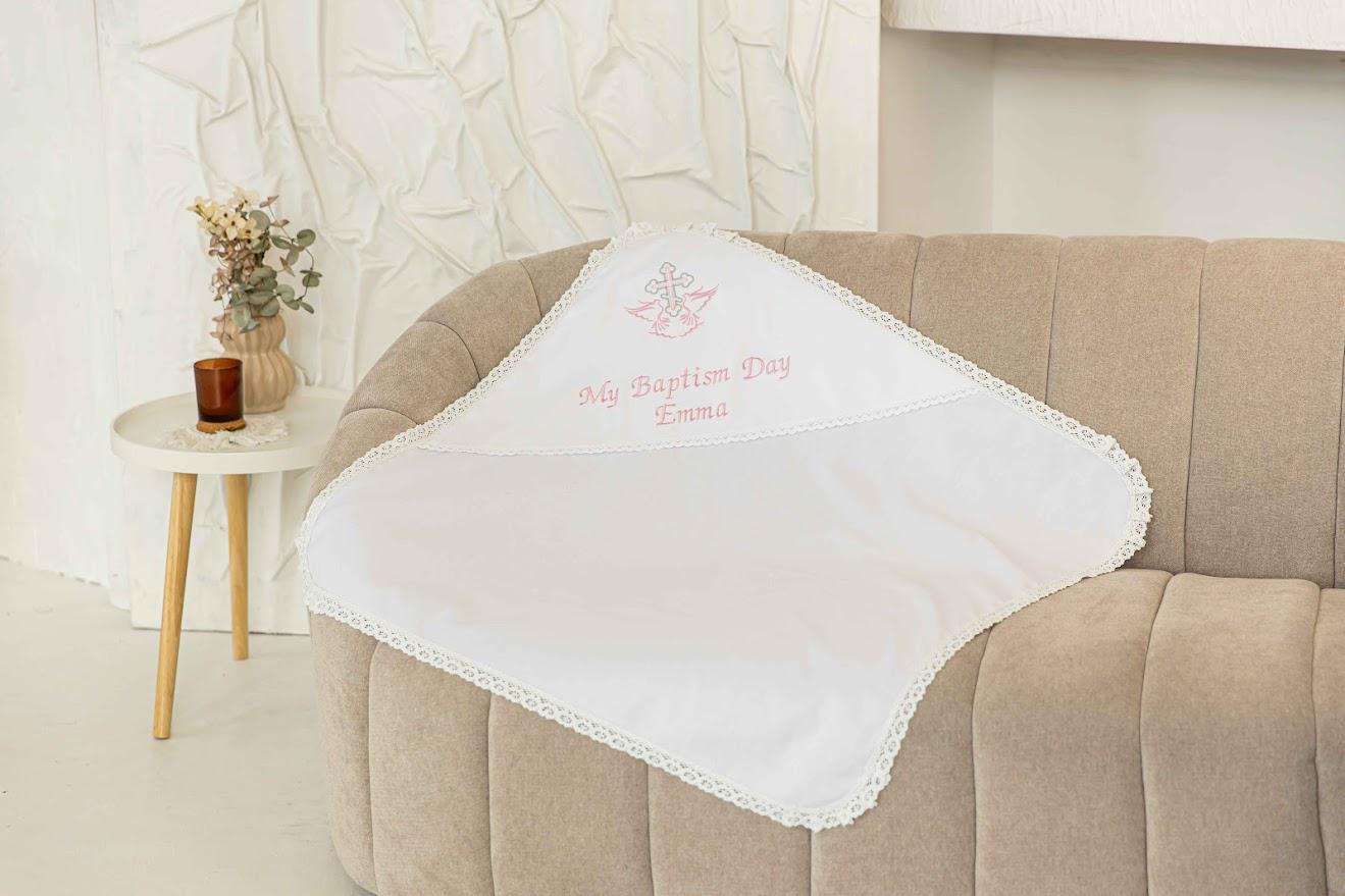 Personalized Linen Baptism Blanket – Lace Christening Shawl with Custom Embroidery