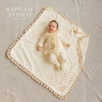 Elegant linen baby christening clothes with bonnet and shoes