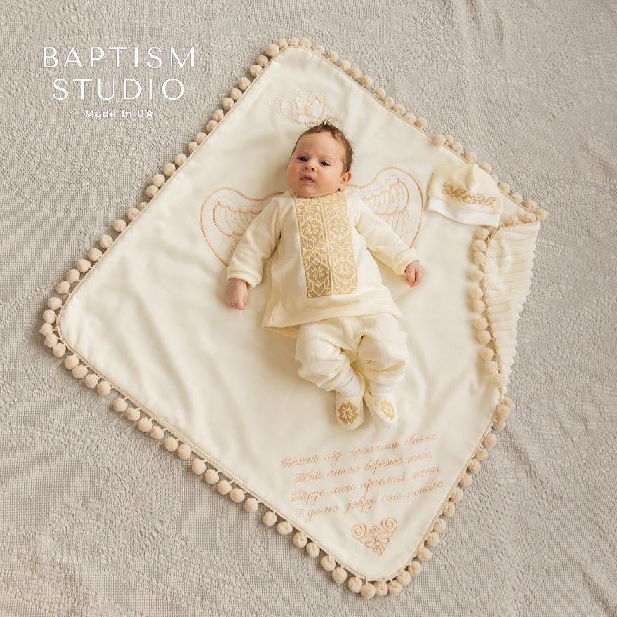 Elegant linen baby christening clothes with bonnet and shoes