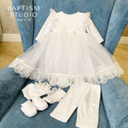 White Baby Baptism Dress Set with Lace | Velour Christening Outfit for Girl
