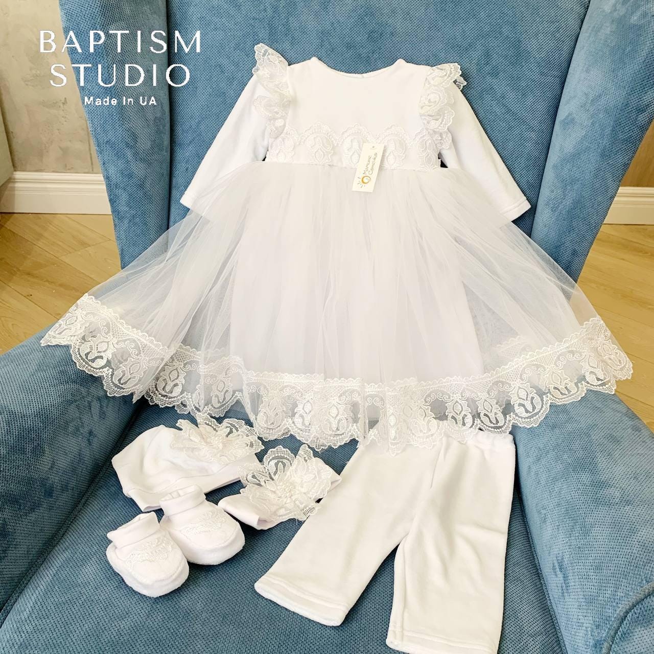 White Baby Baptism Dress Set with Lace | Velour Christening Outfit for Girl