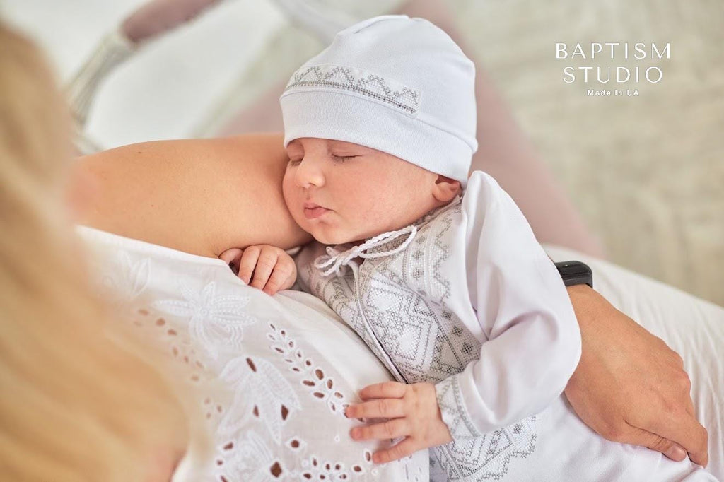 Linen Baby Boy Baptism Outfit – Ukrainian Christening Set with Silver Embroidery (4 pcs)