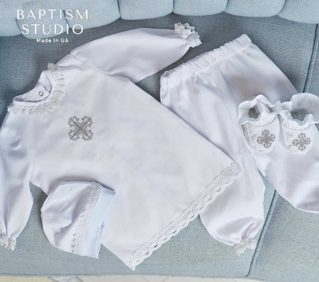 Baby Boy Christening Outfit – 4 Piece Baptism Set with Cross Embroidery