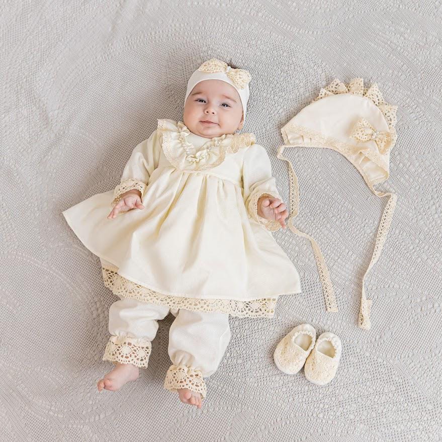 Elegant linen baby christening clothes with bonnet and shoes