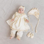 Elegant linen baby christening clothes with bonnet and shoes