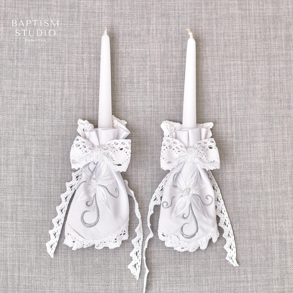 Handmade White Christening Candle Set – Elegant Lace & Silver Embroidery
