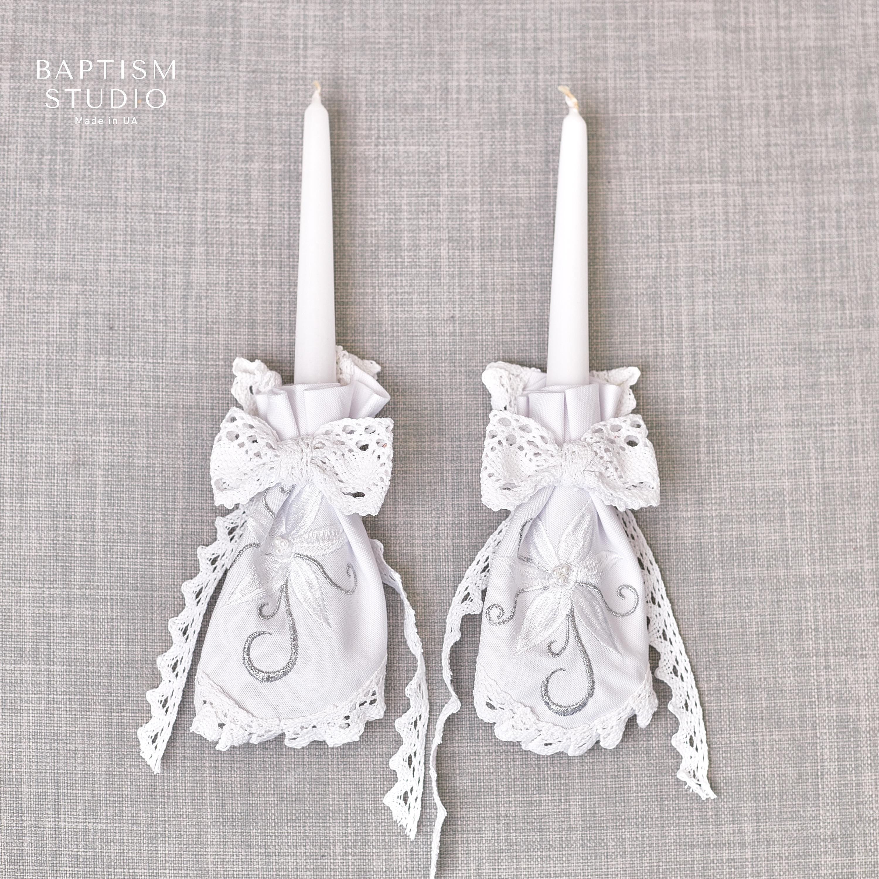 Handmade White Christening Candle Set – Elegant Lace & Silver Embroidery