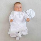 Baby Linen Baptism Outfit – Shirt, Pants, Booties & Bonnet Set