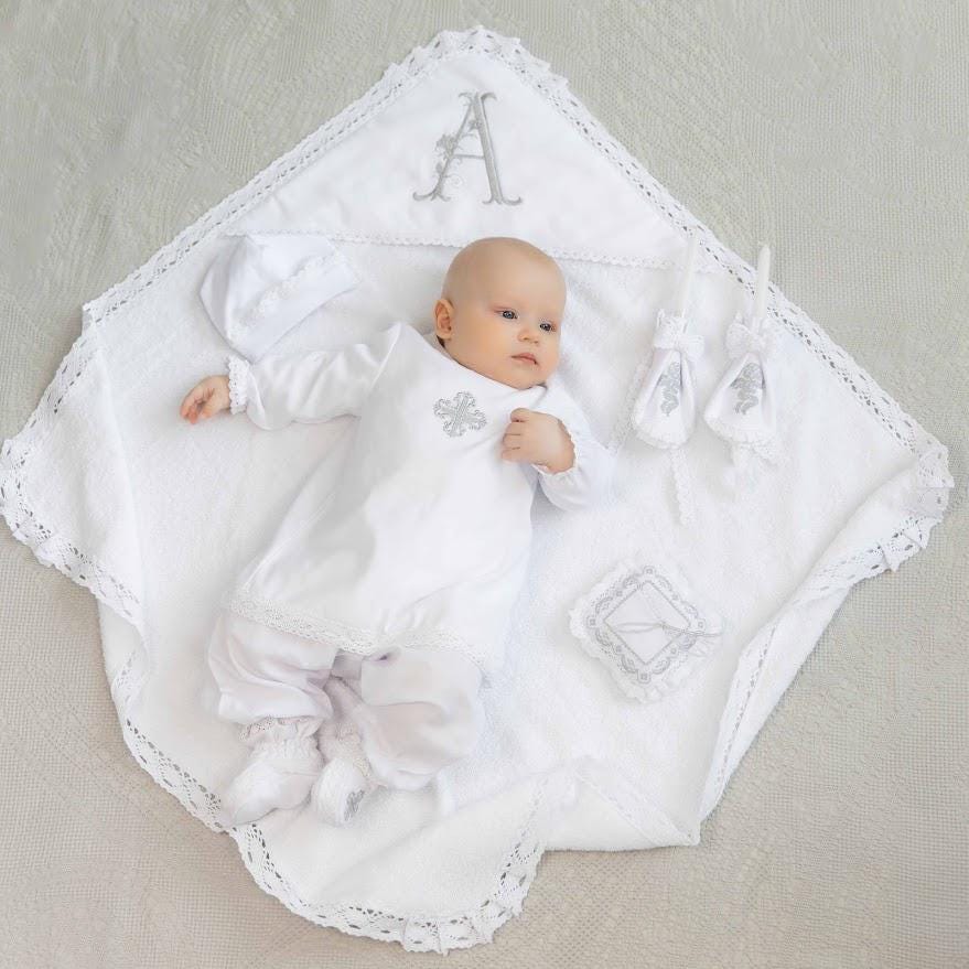 Baby Boy Christening Set – Linen Outfit, Hooded Towel, Candles & Cross Pillow