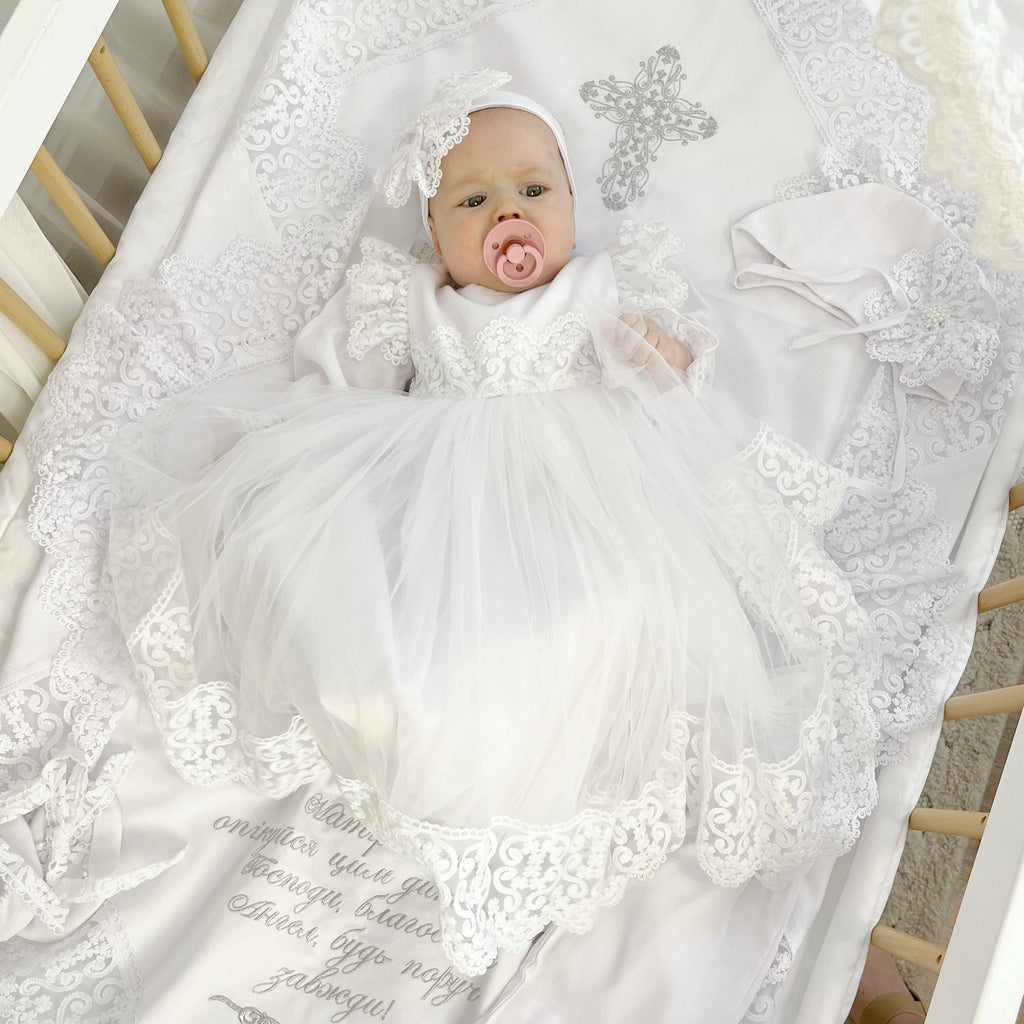 Luxury linen baptism set for baby girl with lace dress