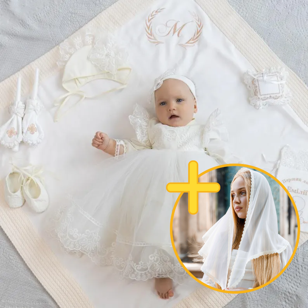 Personalized baptism set for baby girl with linen gown, blanket, candle and accessories