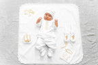 baby boy baptism outfit linen set with angel blanket and cross embroidery