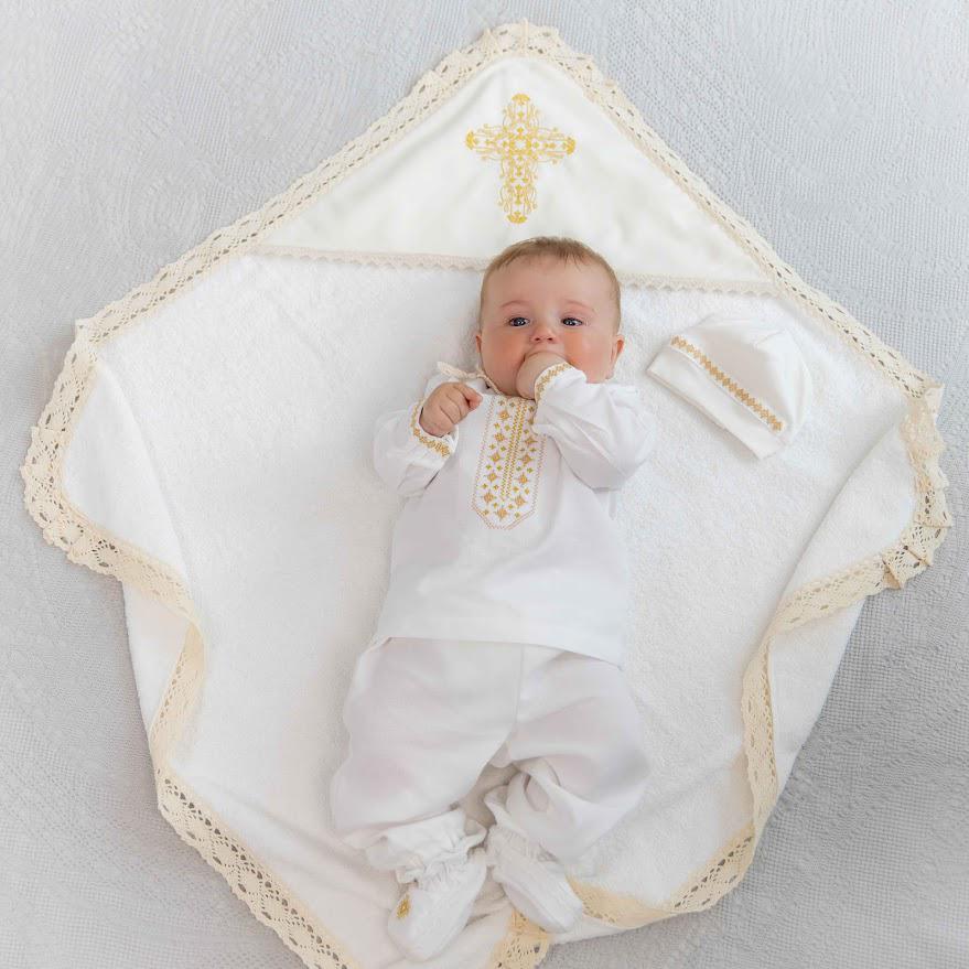 Luxury Linen Baby Baptism Outfit & Hooded Towel – Ivory with Gold Embroidery – BAPTISM STUDIO UA