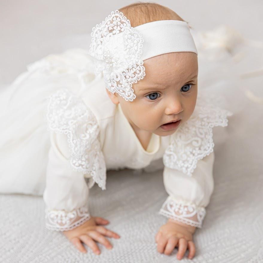 Luxury Linen Christening Outfit – Ivory Baptism Set for Baby Girl - Outfit & Blanket, mini pillow, candles
