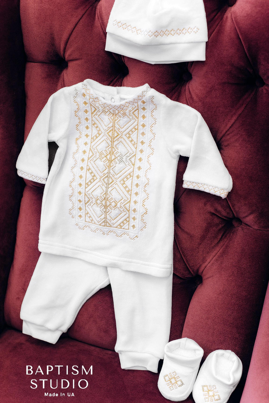 White Baby Baptism Velour Outfit with Silver Embroidery | Christening Set