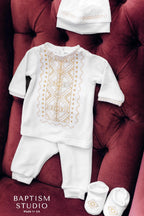 White Baby Baptism Velour Outfit with Silver Embroidery | Christening Set