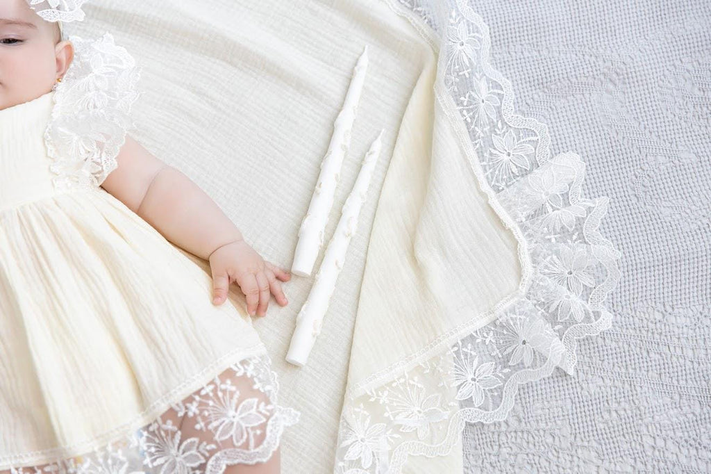Ivory Muslin Summer Baptism Set for Baby Girl with Luxurious Lace