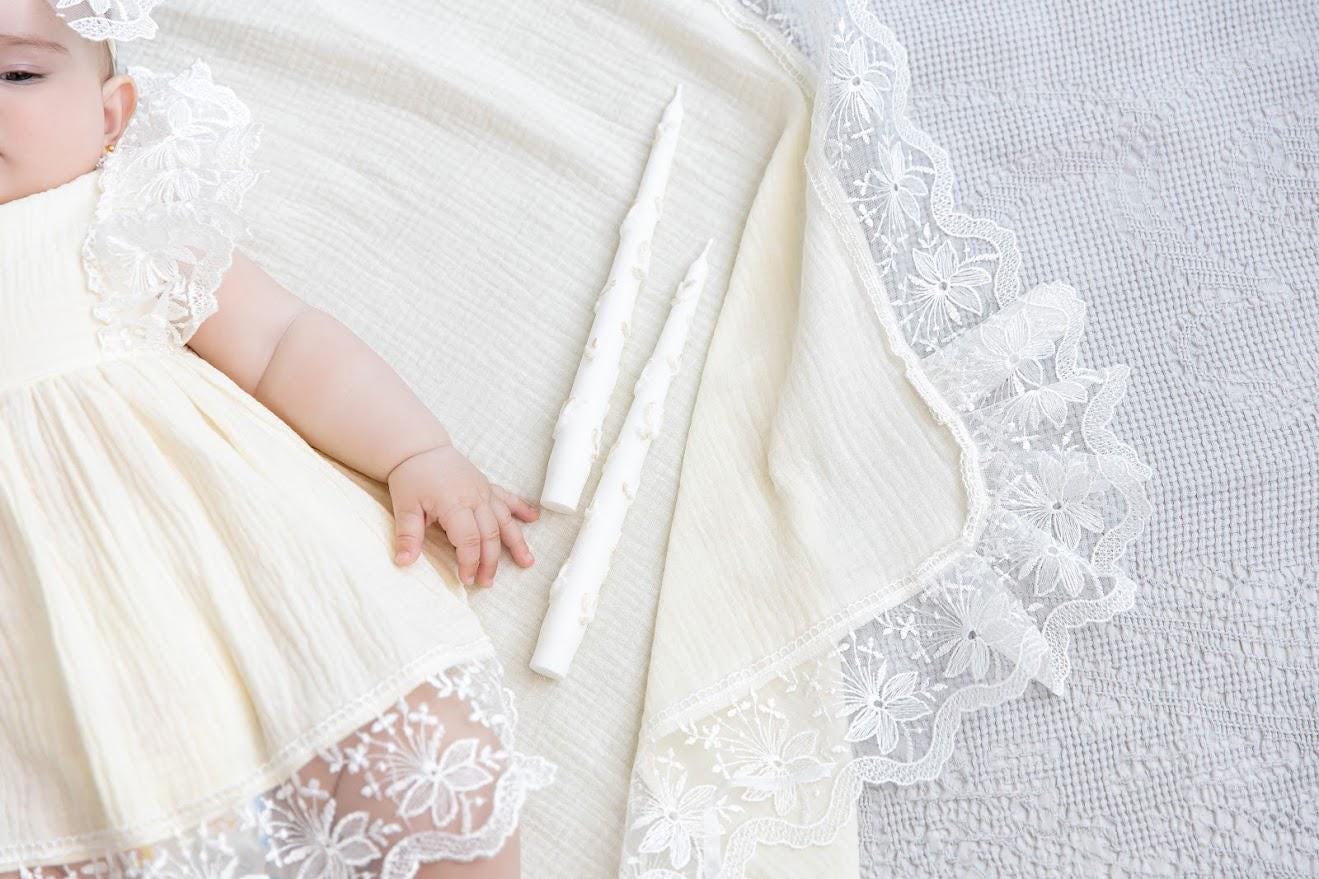Ivory Muslin Summer Baptism Set for Baby Girl with Luxurious Lace