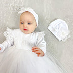 White Baby Baptism Dress Set with Lace | Velour Christening Outfit for Girl
