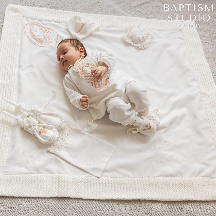 Baby Boy Christening Set – Ivory Velour Outfit with Embroidery & Linen Blanket