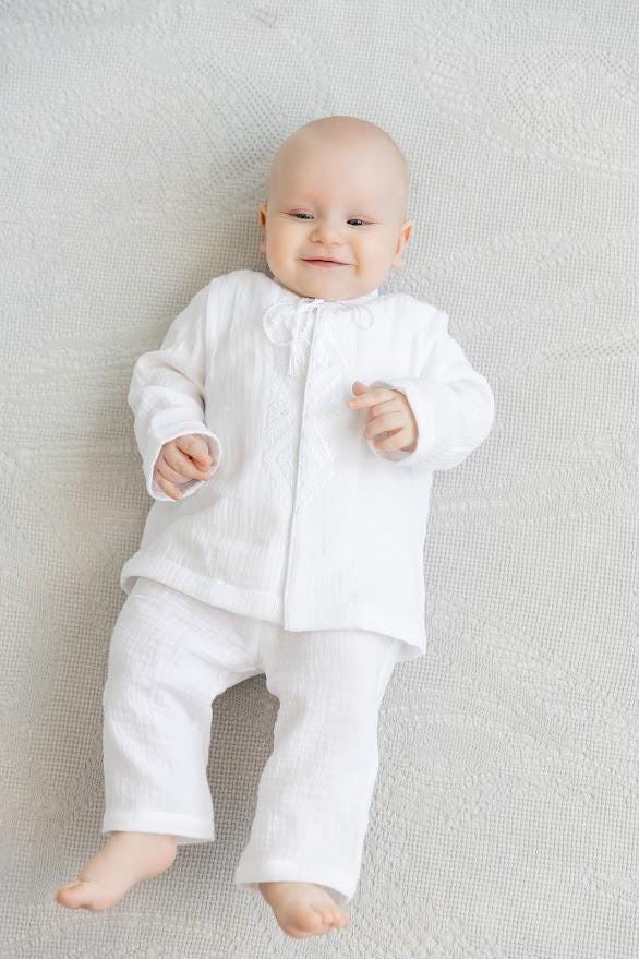 Baby Boy Baptism Outfit – White Muslin Christening Set with Shirt & Pants, White Embroidery