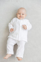 Baby Boy Baptism Outfit – White Muslin Christening Set with Shirt & Pants, White Embroidery