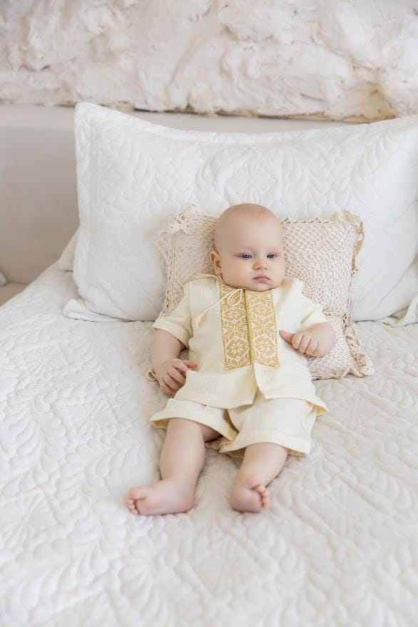 Ivory Muslin Summer Baptism Outfit for Baby Boy