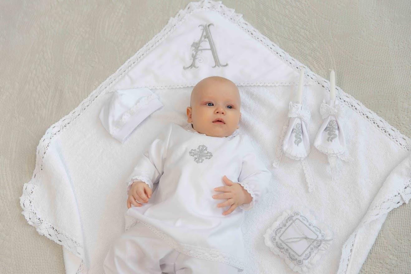Handmade baptism gift set – linen clothes, towel, candles and pillow
