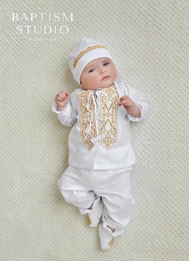 Baby christening set in white with gold embroidery