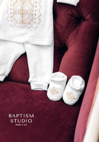 White Baby Baptism Velour Outfit with Silver Embroidery | Christening Set