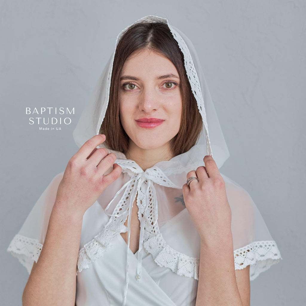 White Baptism Palantine with Lace | Chiffon Head Covering | Ships from USA