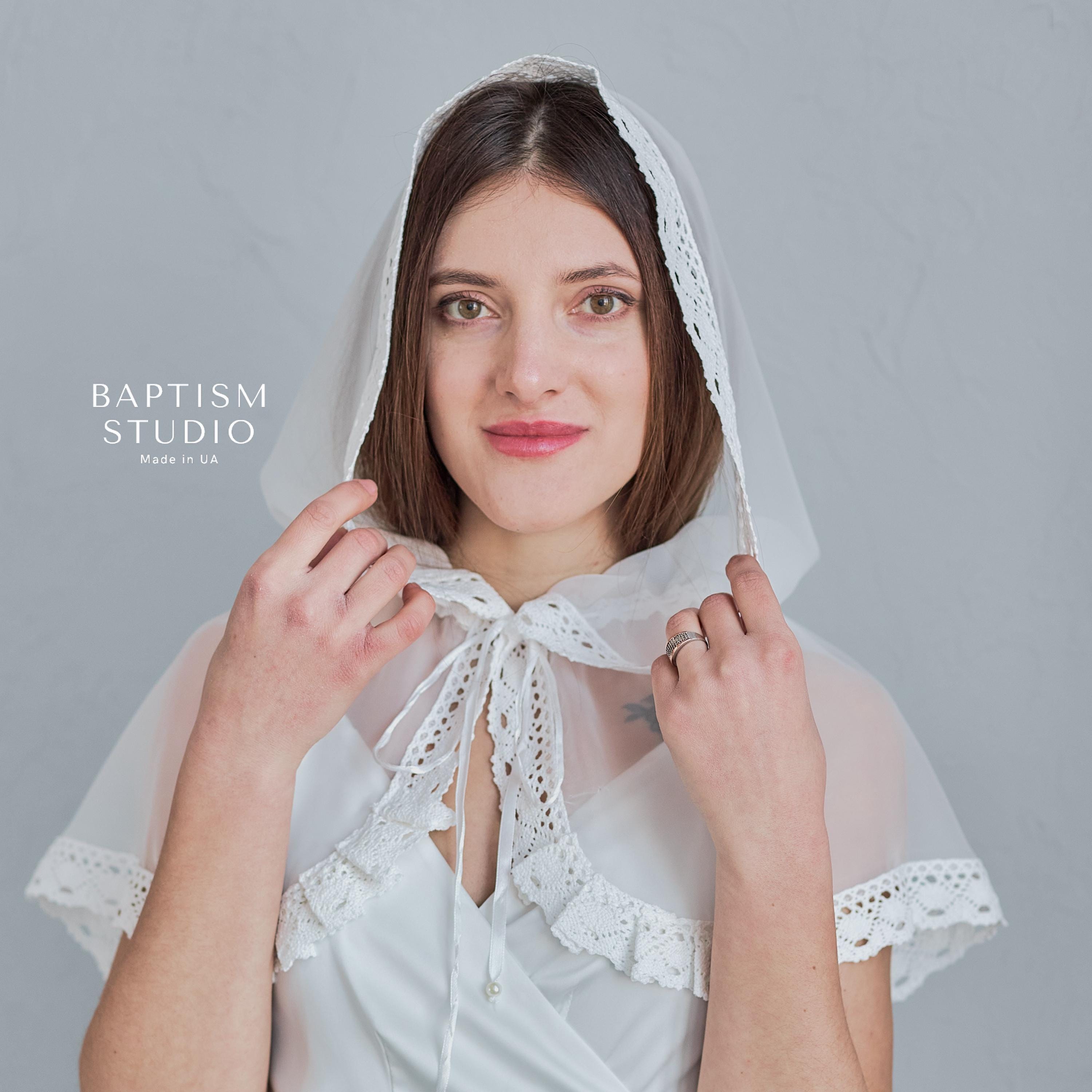 White Baptism Palantine with Lace | Chiffon Head Covering | Ships from USA