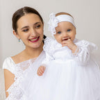 Baby Girl Christening Dress with Lace & Tulle – Baptism Outfit with Headband