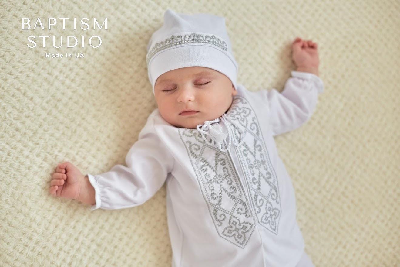 Baby Boy Linen Christening Outfit – 4-Piece Baptism Set (Shirt, Pants, Hat & Booties)