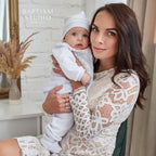 White Baby Baptism Velour Outfit with Silver Embroidery | Christening Set