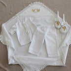 White Linen Baby Baptism Set with Gold Embroidery | Christening Outfit & Linen Blanket