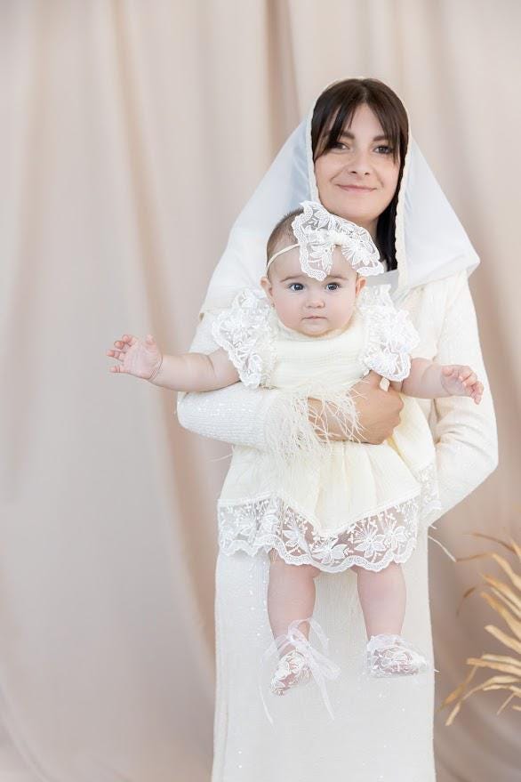Ivory Muslin Summer Baptism Set for Baby Girl with Luxurious Lace