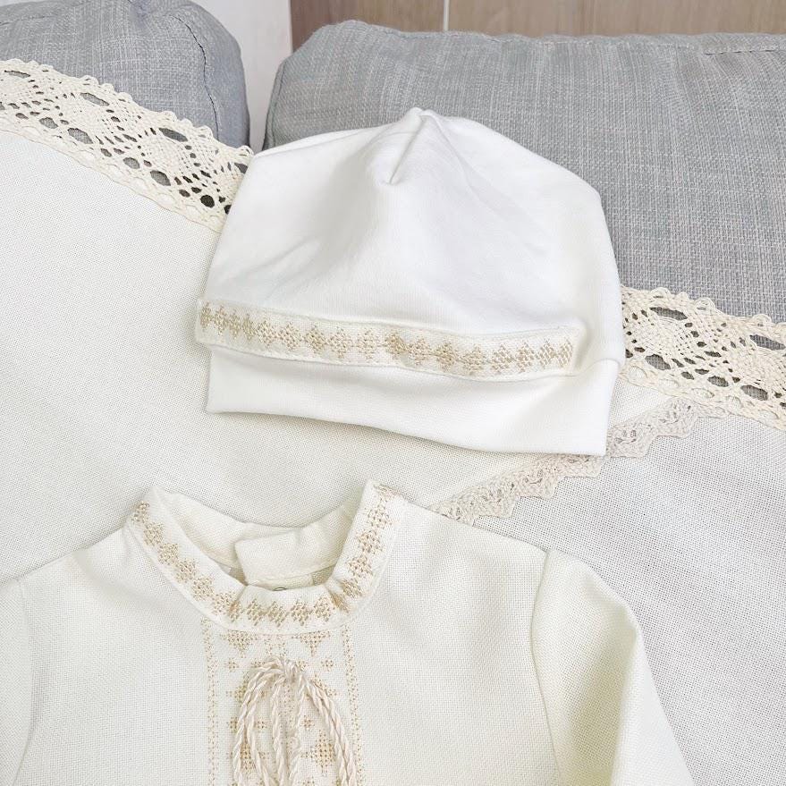 Linen Baptism Set for Baby – Christening Outfit with Blanket, Booties, Hat & Candles | Personalized Christening Gift