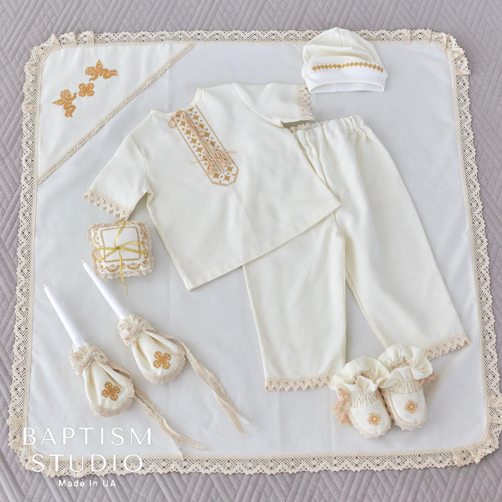 Handmade Ivory Linen Baptism Set – 6-Piece Baby Outfit with Blanket, Booties & Candles